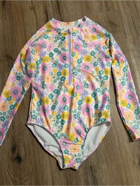 Wonder  Nation - Girls Floral Long-Sleeve One-Piece Swimsuit - Size Large 10-12